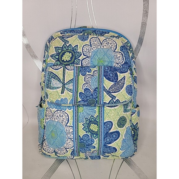 Vera Bradley Doodle Daisy Backpack Blue Green Floral Quilted School Travel Bag - Picture 2 of 13